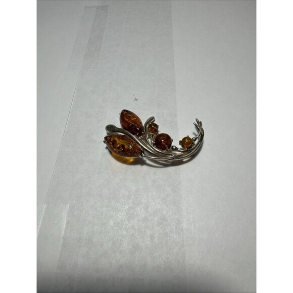 .925 Sterling Silver Baltic Amber Brooch Pin Vintage Flower, Not Marked, Tested. - Picture 1 of 4